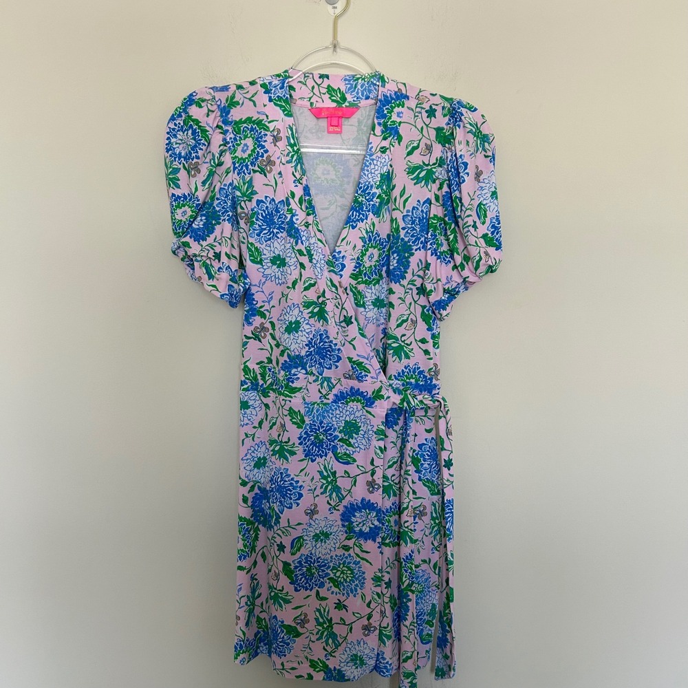 Lilly Pulitzer Sailynn Wrap Romper Dress Pink Blue Floral S Puff Sleeve